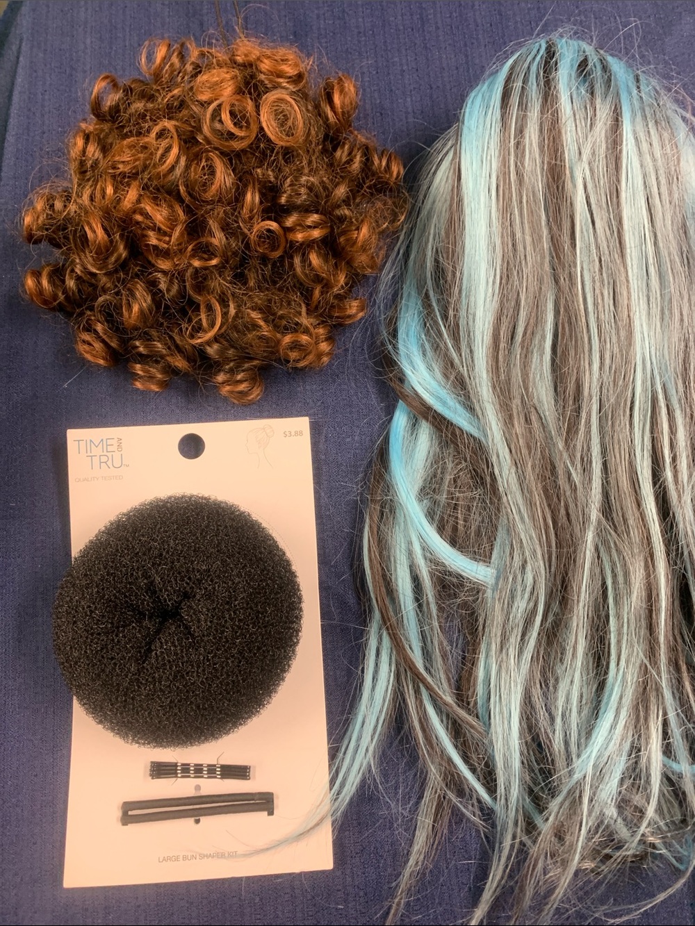 Time and Tru Brown Curly Bun Topper with Blue-Highlighted Straight Ponytail Set